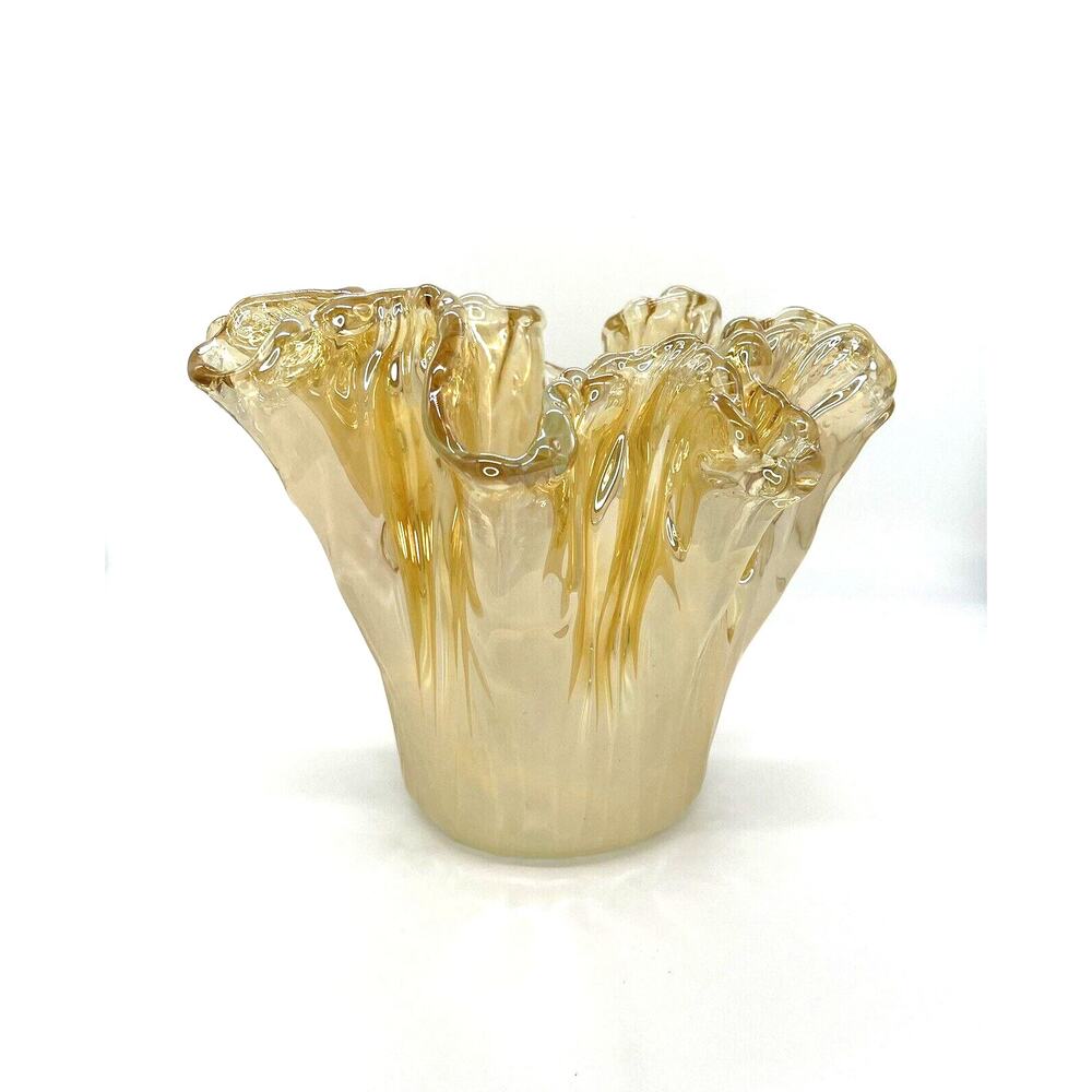Murano Italian Art Glass Iridescent Gold Crystal Handkerchief Ruffle Top Vase